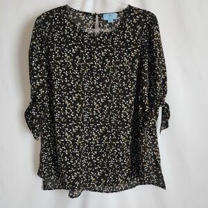 CeCe Black Floral Blouse with Tie Sleeves